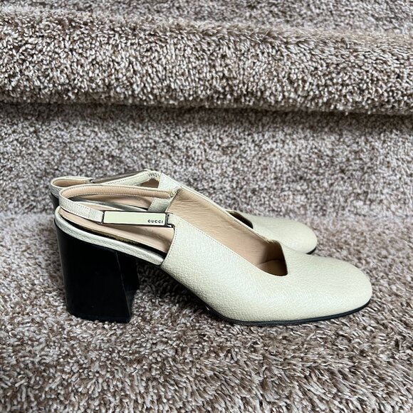 Gucci Women's Cream Sling Back Leather Block Heels - Picture 4 of 15